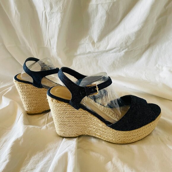Denim Jute Wedge Ankle Strap Open Toe Espadrille Sandals - Picture 6 of 12